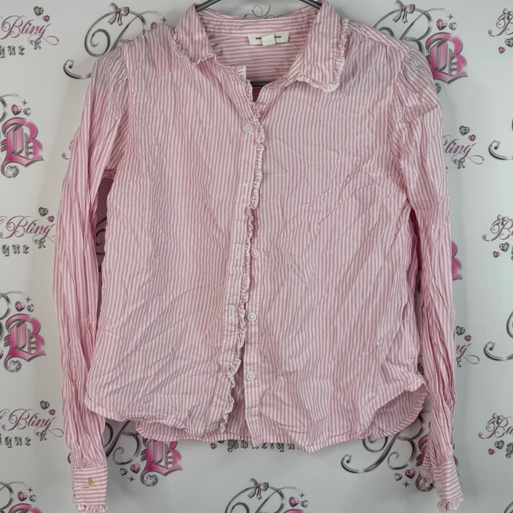 Beachlunchlounge button up ruffle trim stripes Pink and White Striped Shirt